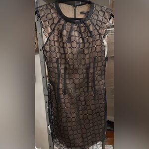 BCBG Maxazria Silk Black Lace Overlay Dress with Nude Underlay